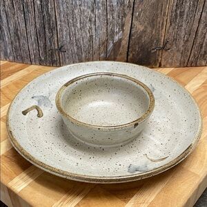 Artisan | Pottery | Speckled Cream/Brown w Blue | Chip&Dip Plate/Bowl
